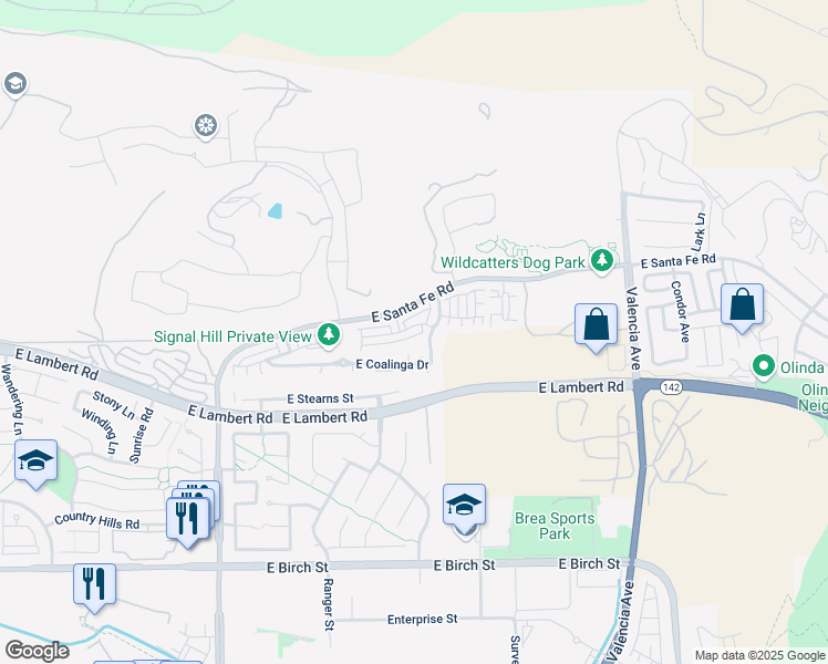 map of restaurants, bars, coffee shops, grocery stores, and more near 3034 Walking Beam Place in Brea