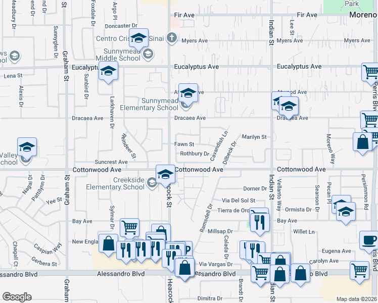 map of restaurants, bars, coffee shops, grocery stores, and more near 24149 Rothbury Drive in Moreno Valley