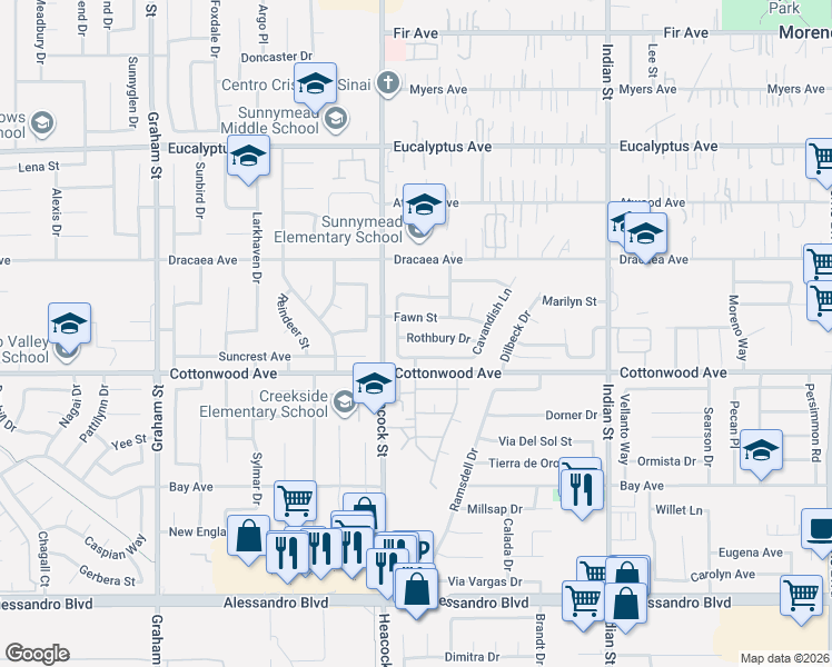 map of restaurants, bars, coffee shops, grocery stores, and more near 24027 Rothbury Drive in Moreno Valley