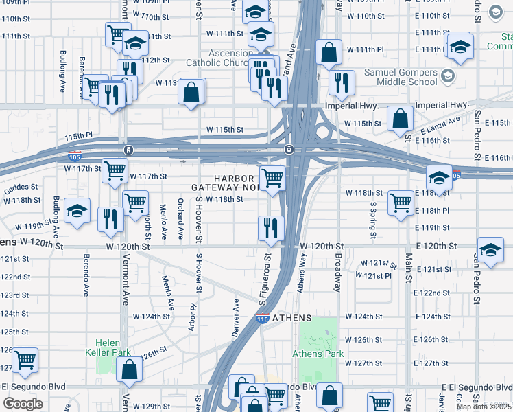 map of restaurants, bars, coffee shops, grocery stores, and more near 541 West 119th Street in Los Angeles