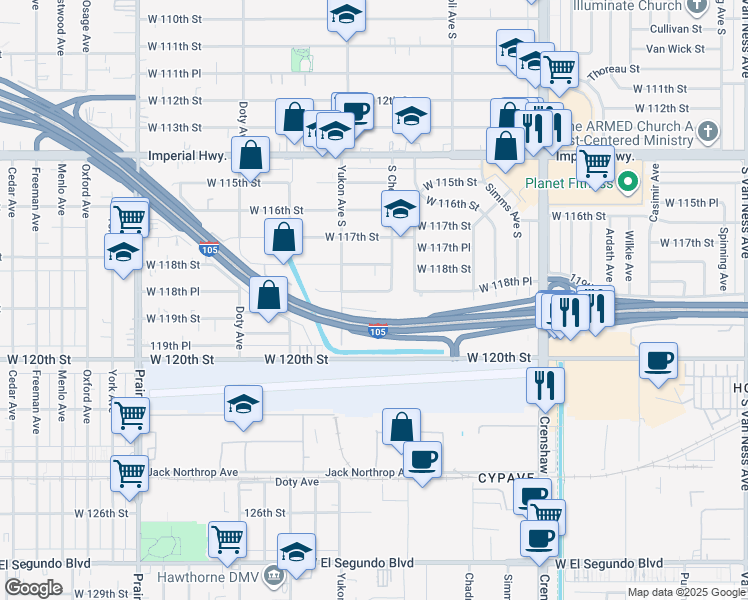 map of restaurants, bars, coffee shops, grocery stores, and more near 3531 West 119th Court in Inglewood