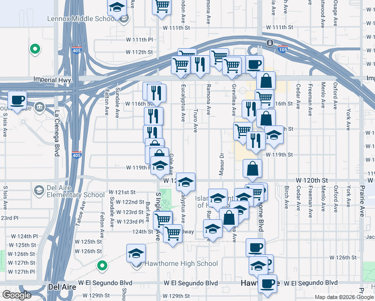 map of restaurants, bars, coffee shops, grocery stores, and more near 11904 Eucalyptus Avenue in Hawthorne
