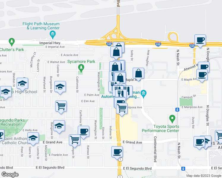 map of restaurants, bars, coffee shops, grocery stores, and more near 703 North Pacific Coast Highway in El Segundo