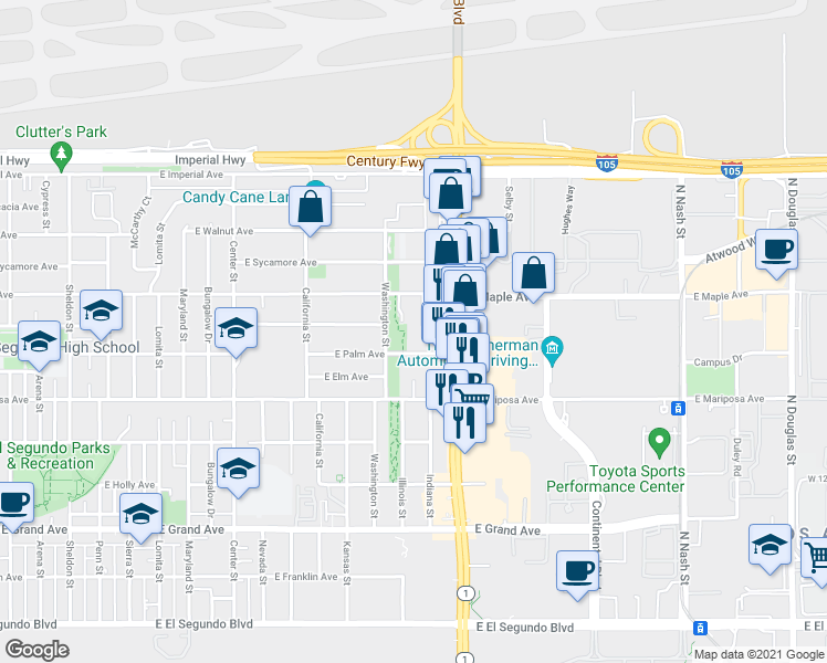 map of restaurants, bars, coffee shops, grocery stores, and more near 1627 East Palm Avenue in El Segundo