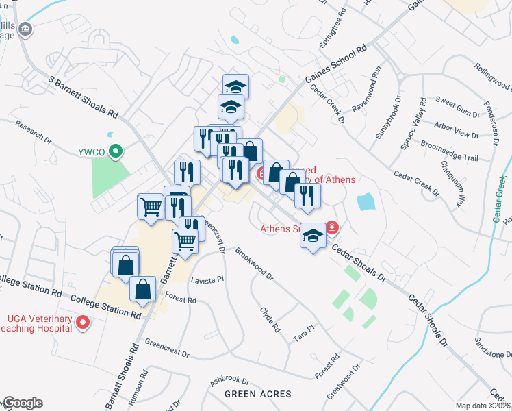 map of restaurants, bars, coffee shops, grocery stores, and more near 110 Viking Court in Athens