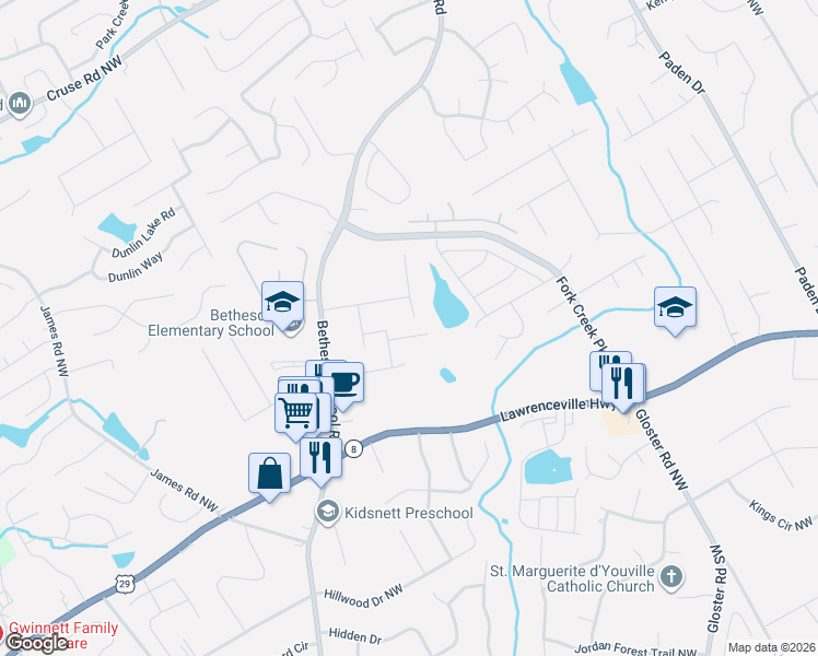 map of restaurants, bars, coffee shops, grocery stores, and more near 2730 Autumn Bluff Way in Lawrenceville