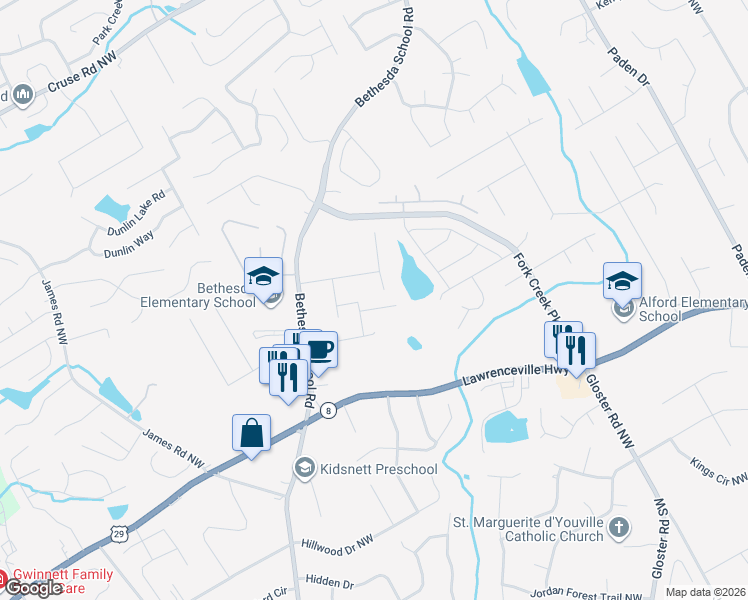 map of restaurants, bars, coffee shops, grocery stores, and more near 2767 Autumn Bluff Way in Lawrenceville