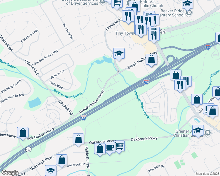 map of restaurants, bars, coffee shops, grocery stores, and more near 5344 Langston Road in Norcross