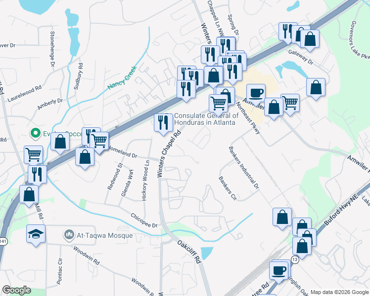 map of restaurants, bars, coffee shops, grocery stores, and more near 4453 Aspen Woods Court in Atlanta