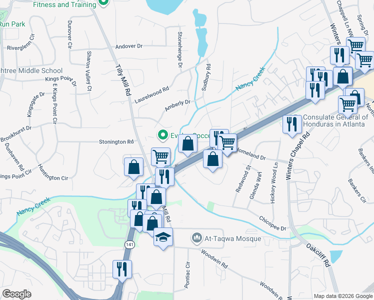 map of restaurants, bars, coffee shops, grocery stores, and more near 2649 Homeland Drive in Atlanta