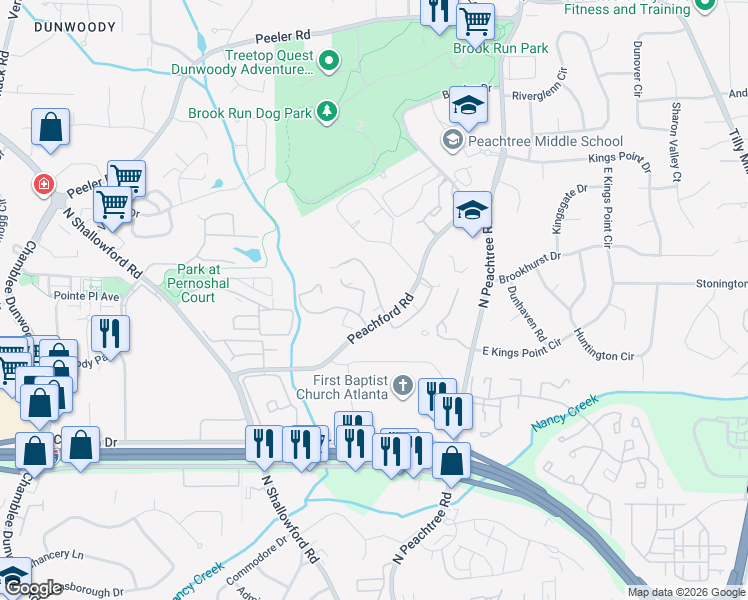 map of restaurants, bars, coffee shops, grocery stores, and more near 301 Dunbar Drive in Dunwoody