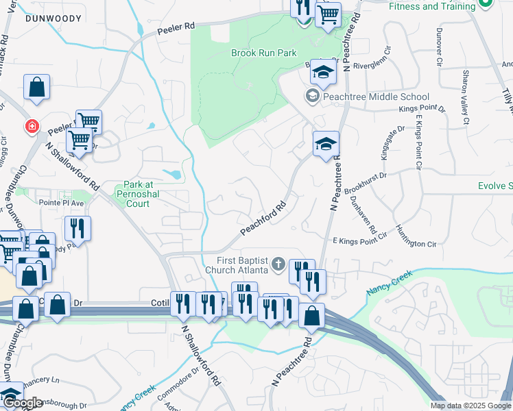 map of restaurants, bars, coffee shops, grocery stores, and more near 105 Dunbar Drive in Dunwoody