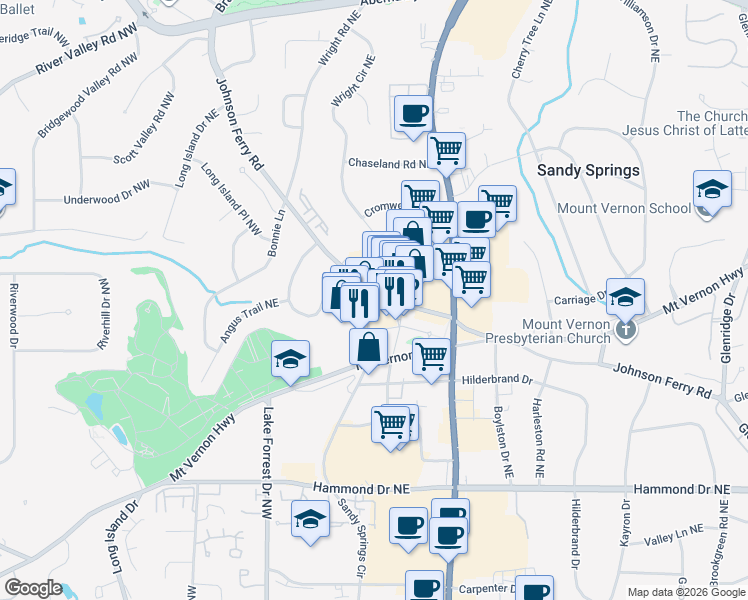 map of restaurants, bars, coffee shops, grocery stores, and more near 225 Sandy Springs Circle in Sandy Springs
