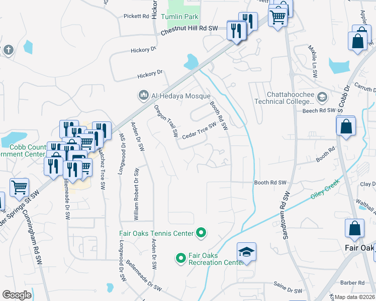 map of restaurants, bars, coffee shops, grocery stores, and more near 1142 Cayman Lane Southwest in Marietta