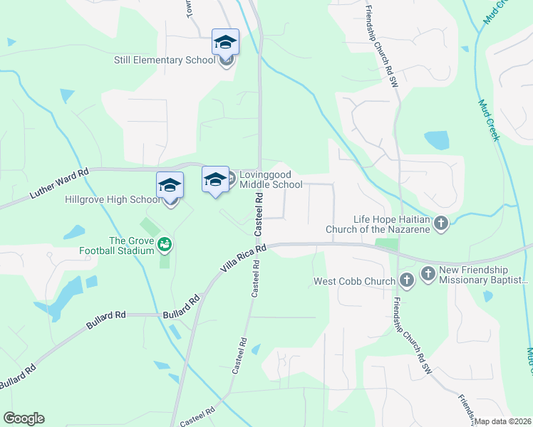 map of restaurants, bars, coffee shops, grocery stores, and more near 1165 Casteel Road in Powder Springs