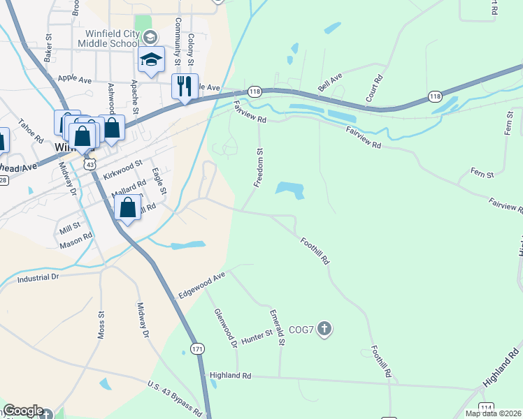 map of restaurants, bars, coffee shops, grocery stores, and more near 625 Foothill Road in Winfield