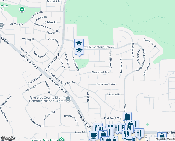 map of restaurants, bars, coffee shops, grocery stores, and more near 901 Clearwood Avenue in Riverside