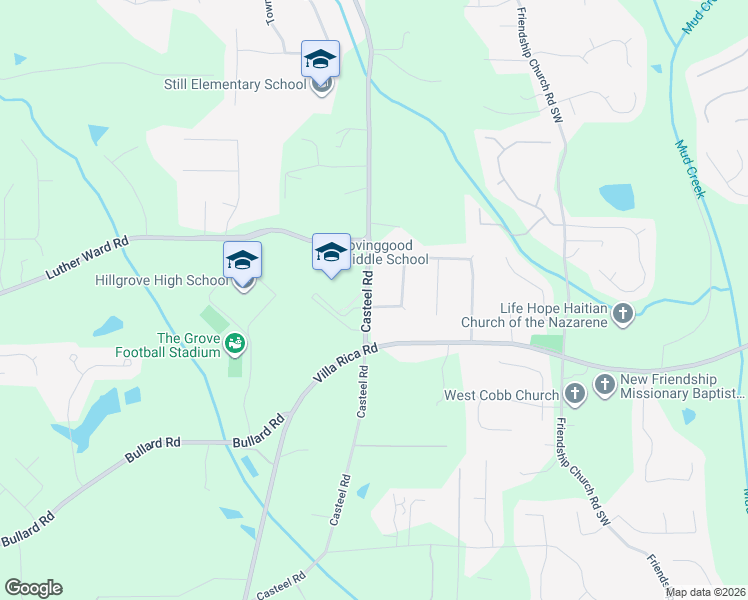 map of restaurants, bars, coffee shops, grocery stores, and more near 1165 Casteel Road in Powder Springs