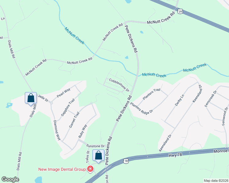 map of restaurants, bars, coffee shops, grocery stores, and more near 1051 Cobblestone Ln in Bogart
