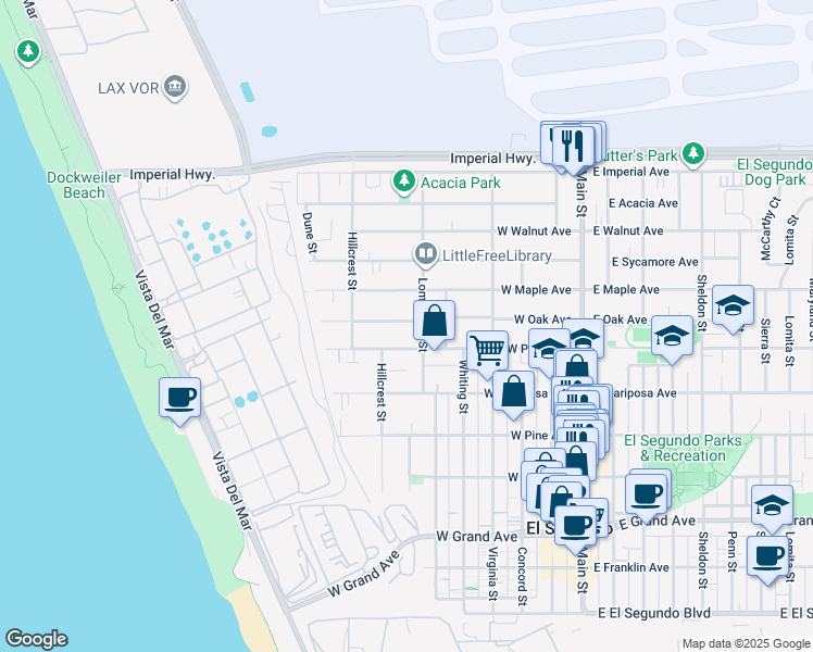 map of restaurants, bars, coffee shops, grocery stores, and more near 612 West Oak Avenue in El Segundo