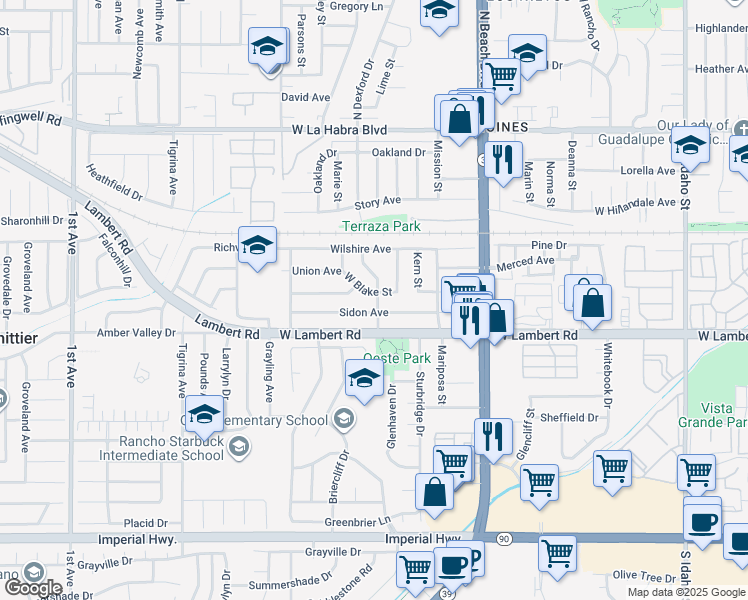 map of restaurants, bars, coffee shops, grocery stores, and more near 601 Martinez Drive in La Habra