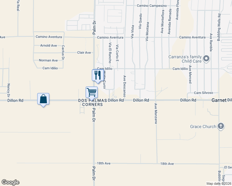 map of restaurants, bars, coffee shops, grocery stores, and more near 16991 Vía Corto East in Desert Hot Springs