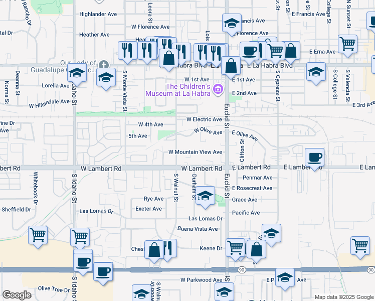 map of restaurants, bars, coffee shops, grocery stores, and more near 405 West Mountain View Avenue in La Habra