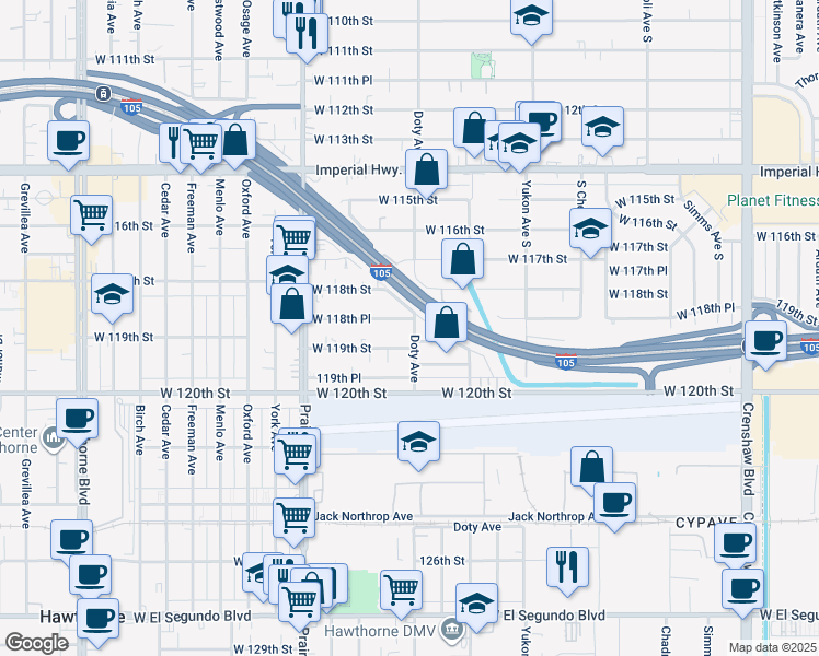 map of restaurants, bars, coffee shops, grocery stores, and more near 11845 Doty Avenue in Hawthorne