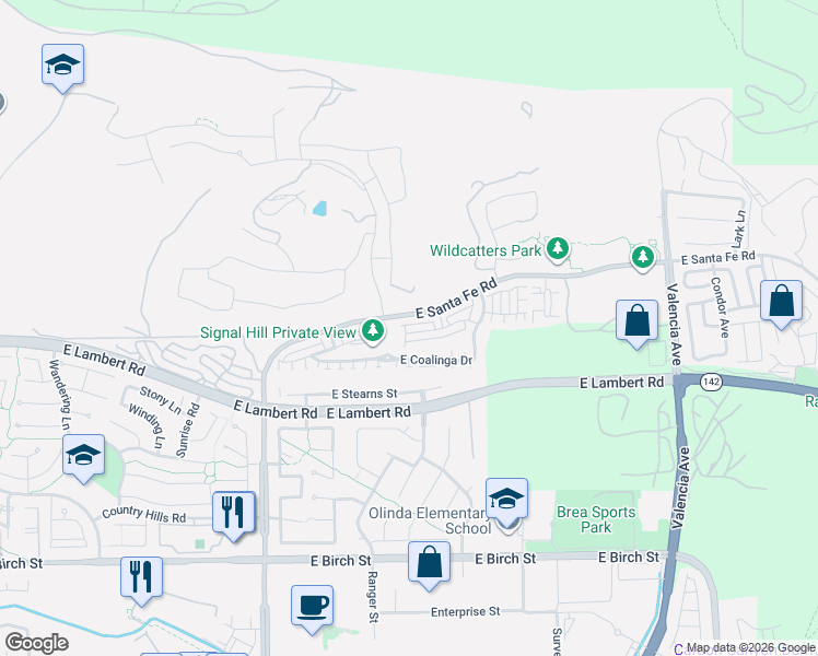 map of restaurants, bars, coffee shops, grocery stores, and more near 2963 Walking Beam Place in Brea