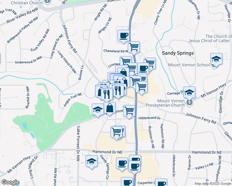 map of restaurants, bars, coffee shops, grocery stores, and more near 178 Johnson Ferry Road Northeast in Sandy Springs