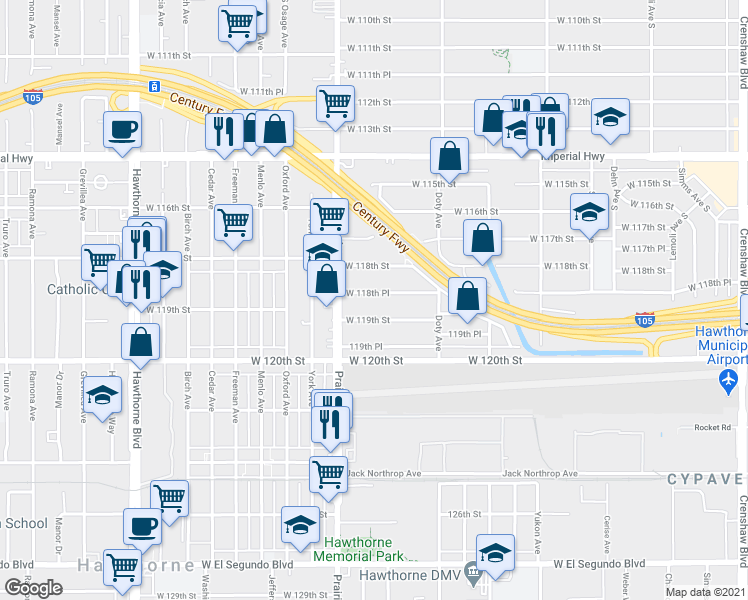map of restaurants, bars, coffee shops, grocery stores, and more near 3918 West 118th Place in Hawthorne