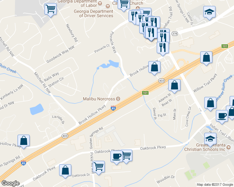 map of restaurants, bars, coffee shops, grocery stores, and more near 5344 Langston Road in Norcross