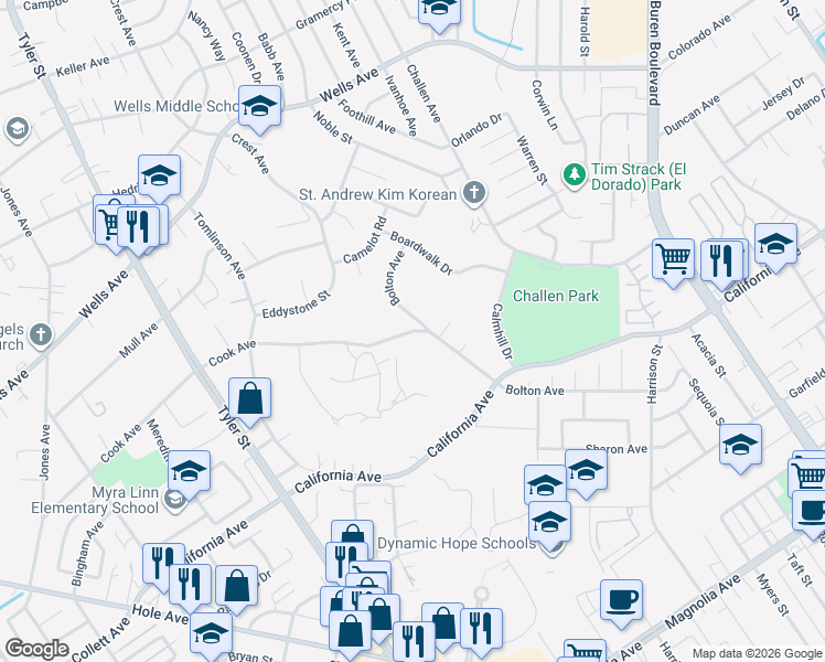 map of restaurants, bars, coffee shops, grocery stores, and more near 9881 Cook Avenue in Riverside