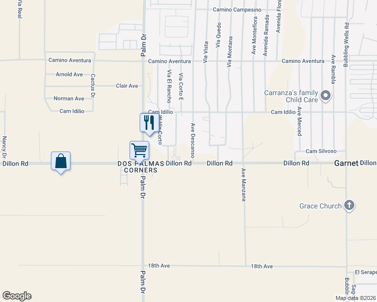 map of restaurants, bars, coffee shops, grocery stores, and more near Avenue Descanso in Desert Hot Springs