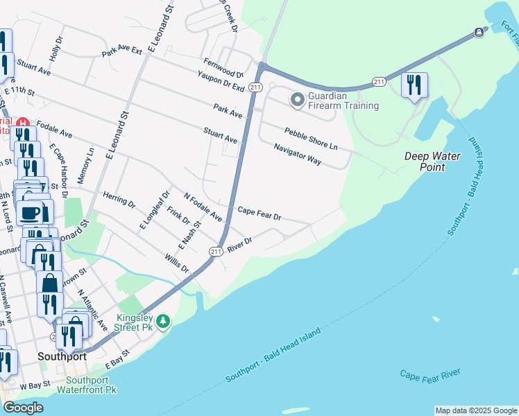 map of restaurants, bars, coffee shops, grocery stores, and more near 111 Cape Fear Drive in Southport