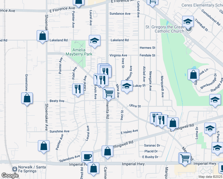 map of restaurants, bars, coffee shops, grocery stores, and more near 11642 Carmenita Road in Whittier