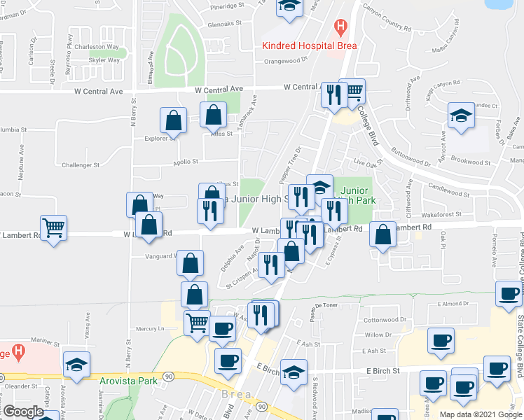 map of restaurants, bars, coffee shops, grocery stores, and more near 319 West Lambert Road in Brea
