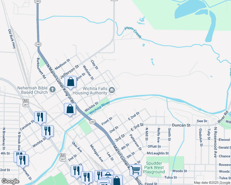 map of restaurants, bars, coffee shops, grocery stores, and more near 201A East Wichita Street in Wichita Falls
