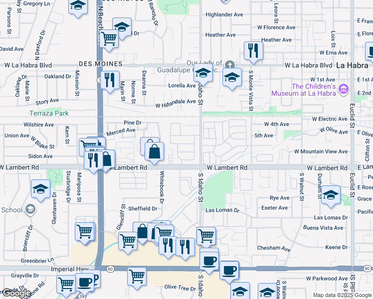 map of restaurants, bars, coffee shops, grocery stores, and more near 1251 West Marigold Avenue in La Habra