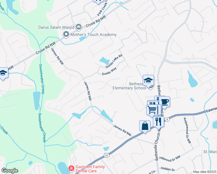 map of restaurants, bars, coffee shops, grocery stores, and more near 3090 Windwood Trail in Lawrenceville