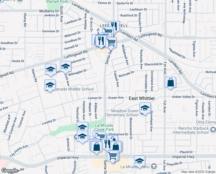 map of restaurants, bars, coffee shops, grocery stores, and more near 15761 Marlinton Drive in Whittier