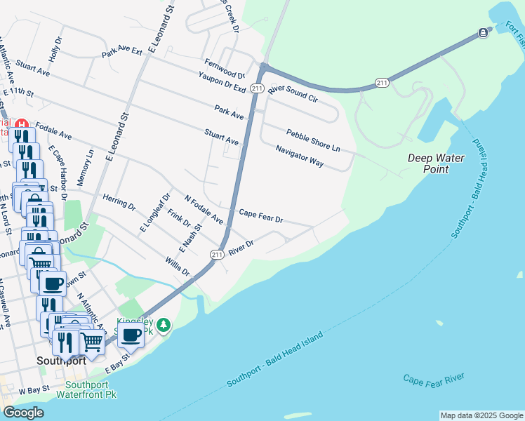 map of restaurants, bars, coffee shops, grocery stores, and more near 111 Cape Fear Drive in Southport