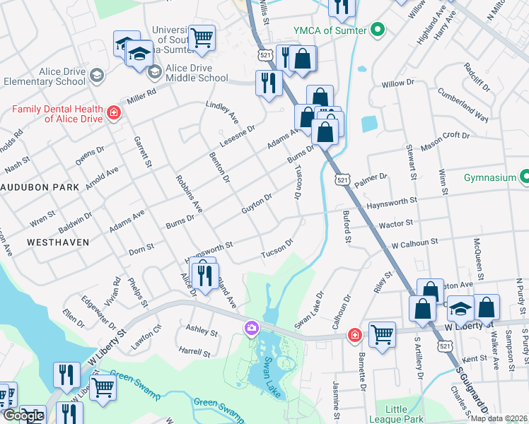 map of restaurants, bars, coffee shops, grocery stores, and more near 106 Gleaton Street in Sumter
