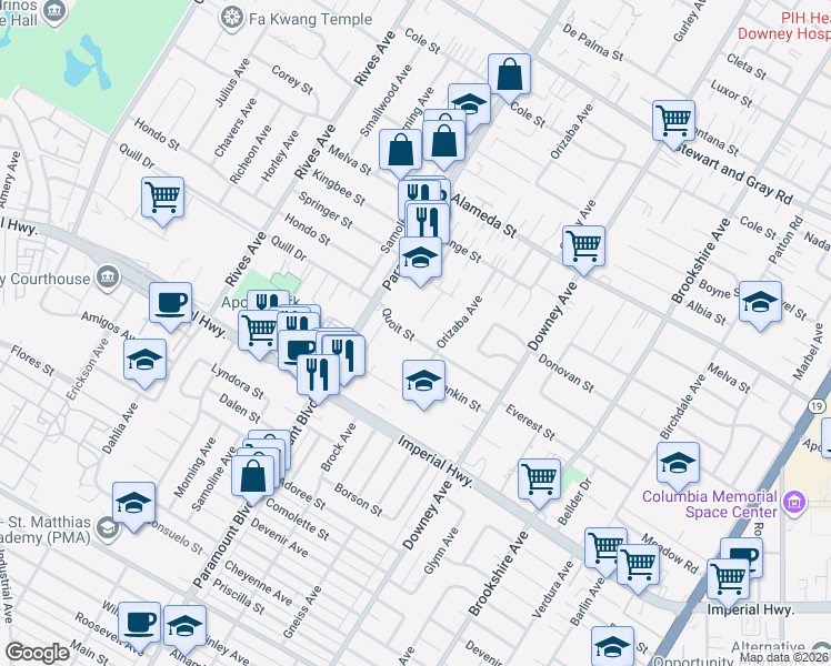 map of restaurants, bars, coffee shops, grocery stores, and more near 8054 Quoit Street in Downey
