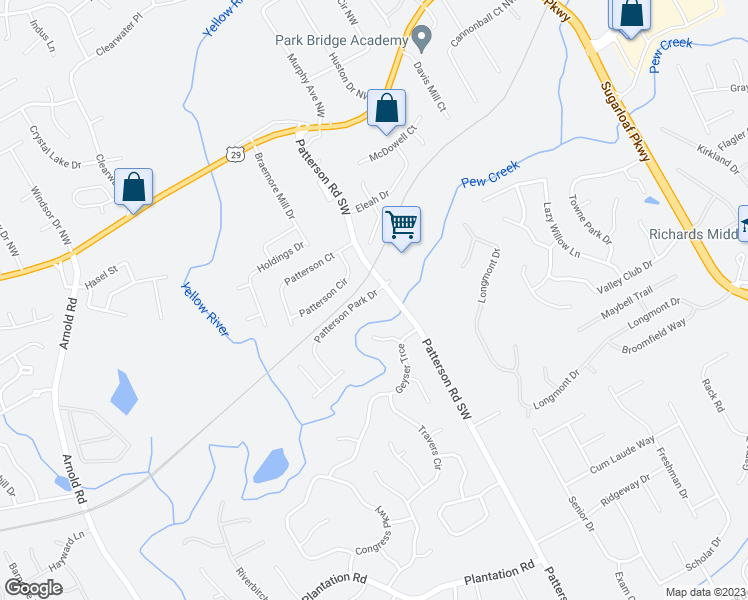 map of restaurants, bars, coffee shops, grocery stores, and more near 1842 Patterson Park Drive in Lawrenceville