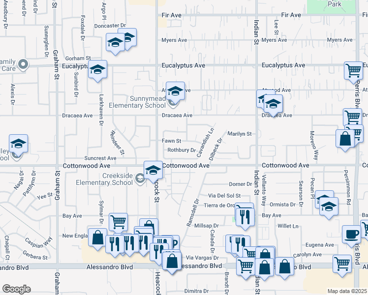 map of restaurants, bars, coffee shops, grocery stores, and more near 24150 Rothbury Drive in Moreno Valley