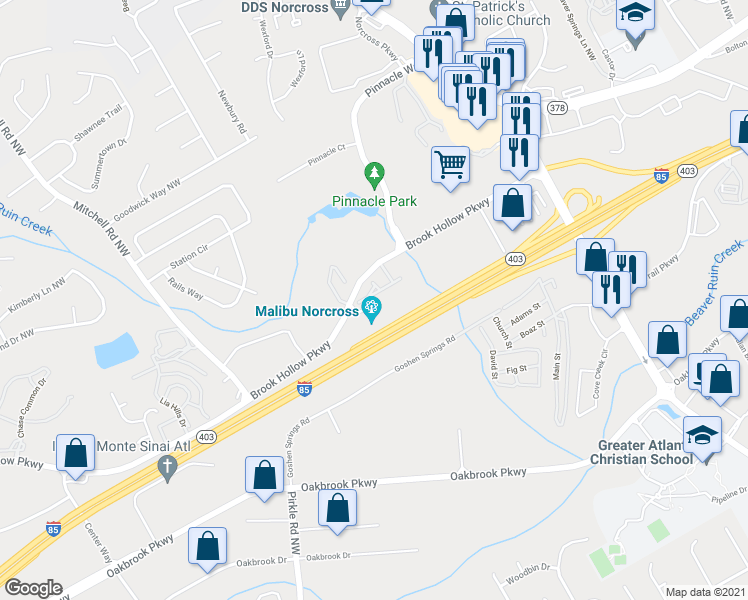 map of restaurants, bars, coffee shops, grocery stores, and more near 5342 Langston Road in Norcross
