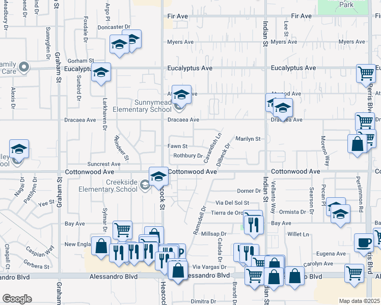 map of restaurants, bars, coffee shops, grocery stores, and more near 24150 Rothbury Drive in Moreno Valley