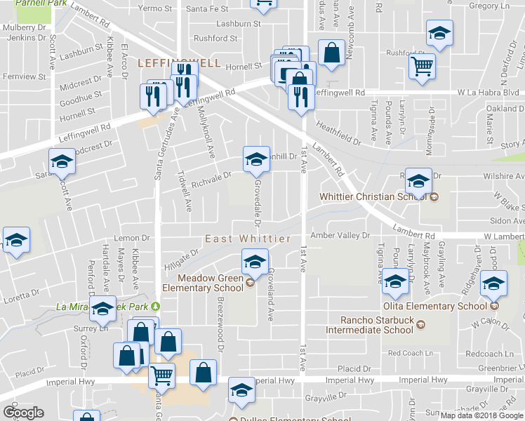 map of restaurants, bars, coffee shops, grocery stores, and more near 11626 Grovedale Drive in Whittier