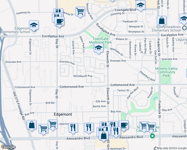 map of restaurants, bars, coffee shops, grocery stores, and more near 22354 Witchhazel Avenue in Moreno Valley